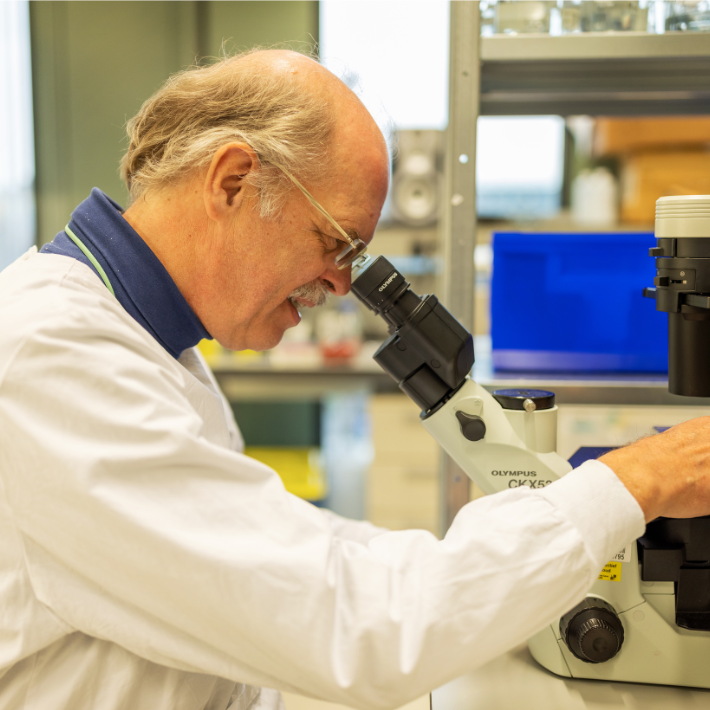 Prof. dr. Sjaak Neefjes looking through a microscope.